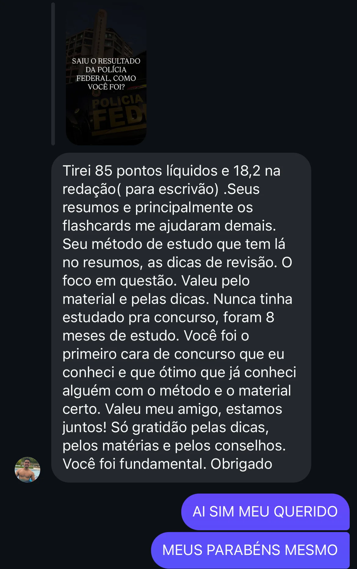 Aprovação de aluno do Método CERRADO 1