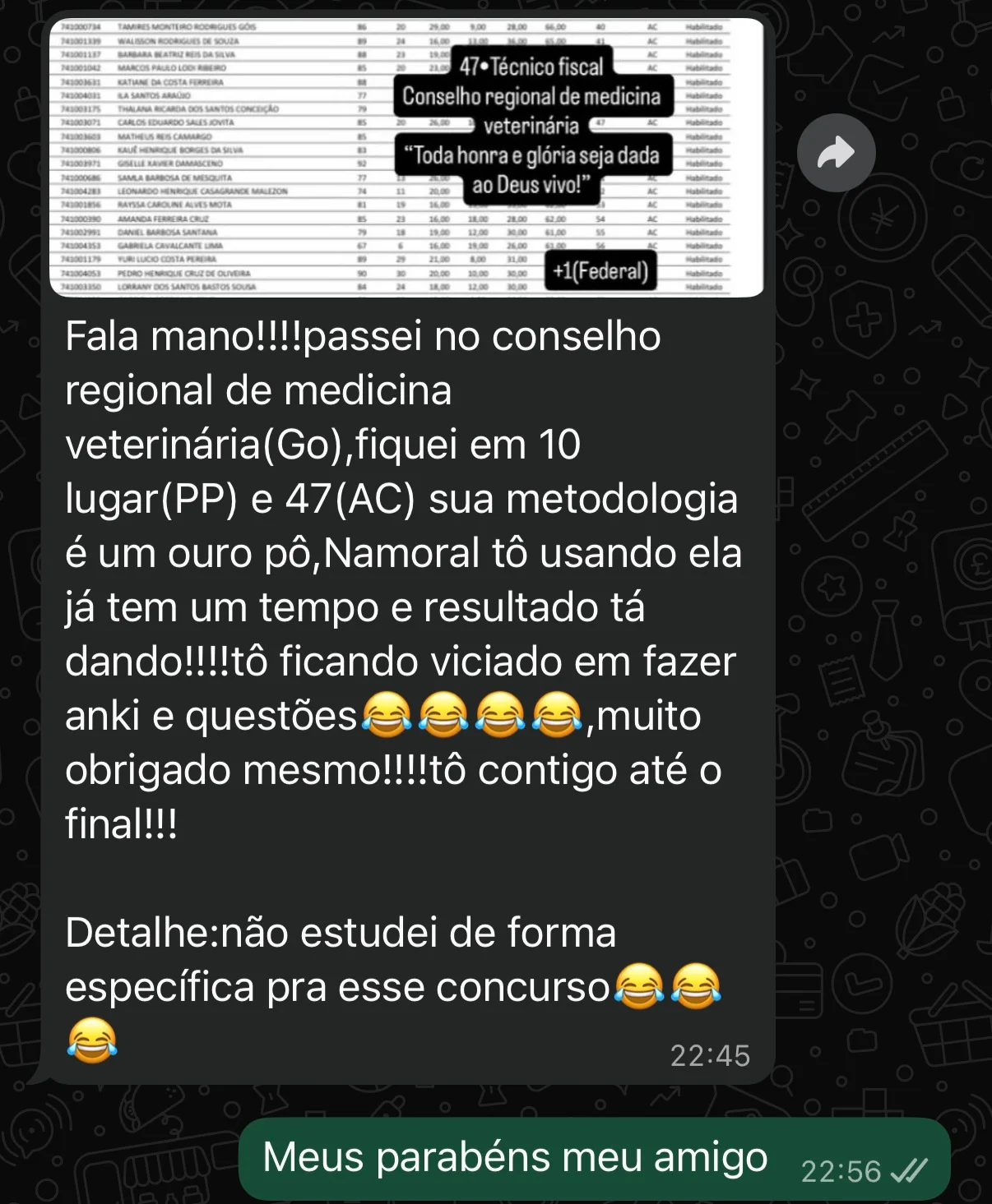 Aprovação de aluno do Método CERRADO 29