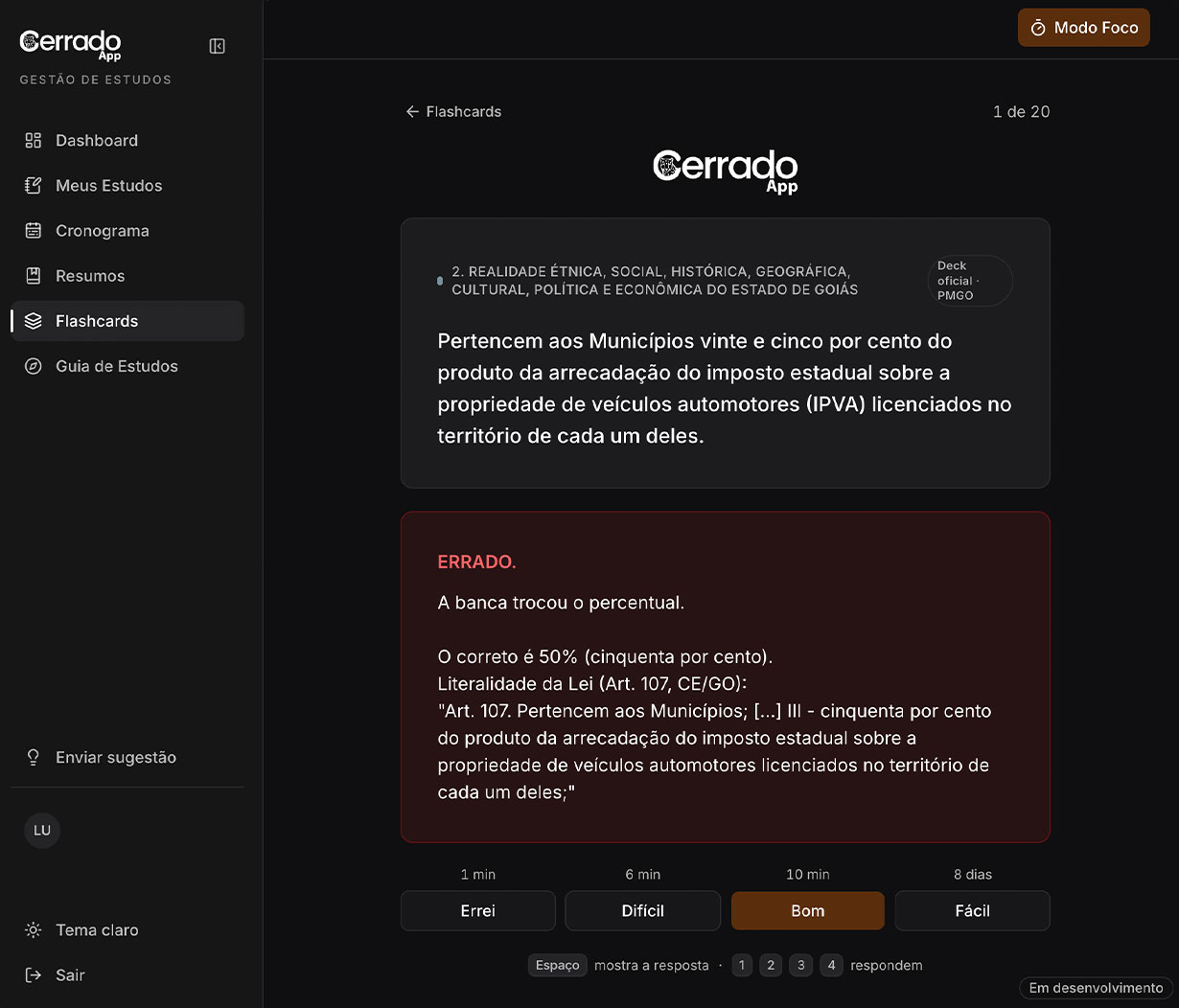 Flashcard do app com a resposta revelada e os botões de revisão