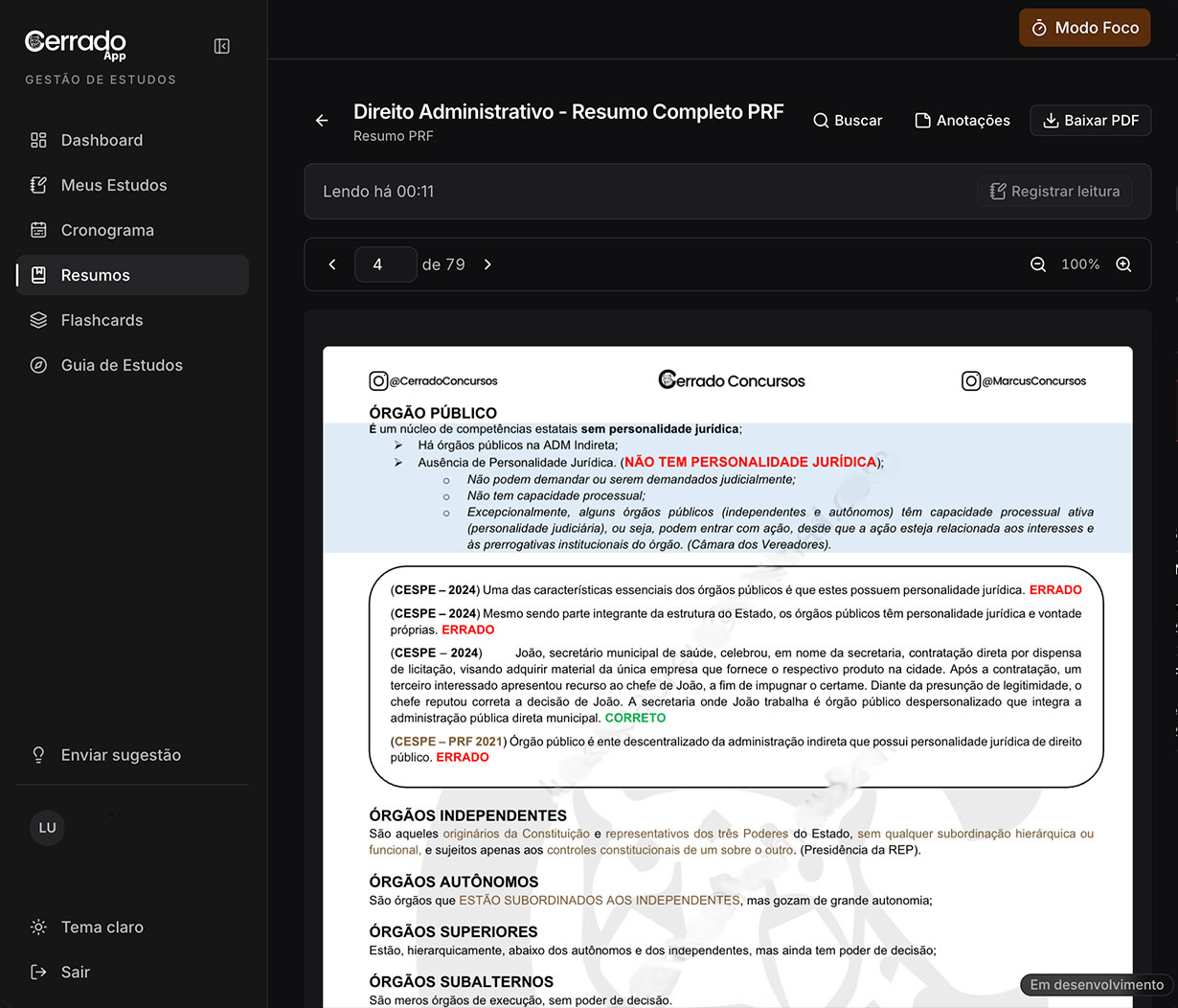 Resumo de Direito Administrativo aberto no app, com busca e anotações